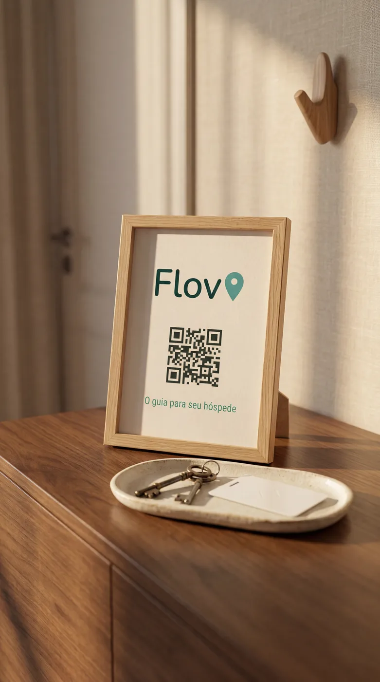 Quadro com o QR Code do guia Flovi na entrada do apartamento, ao lado das chaves